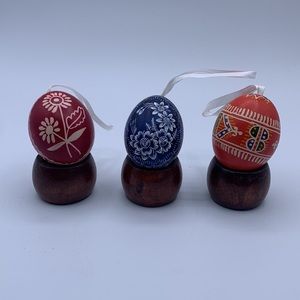Three Hand Painted Slovakia Easter Egg Orange Red Blue Egg Shell Ornaments
